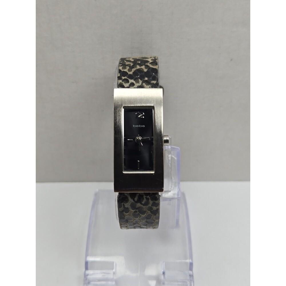 Womens Bebe 16mm Silver Tone Y2k Tank Watch Snakeskin Print Leather New Battery